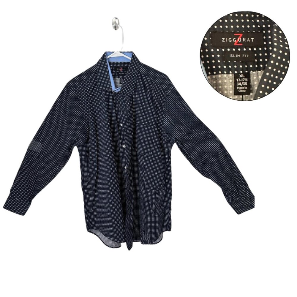 Ziggurat Slim Fit Dress Shirt XL 17-17.5 Navy White Dot Long Sleeve